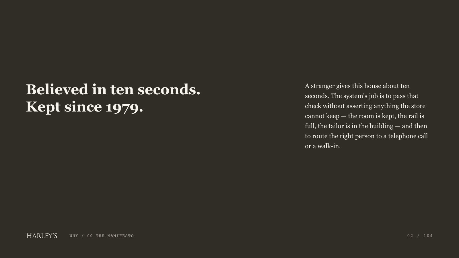 Harley’s brand book slide 3 of 106: Believed in ten seconds. Kept since 1979.