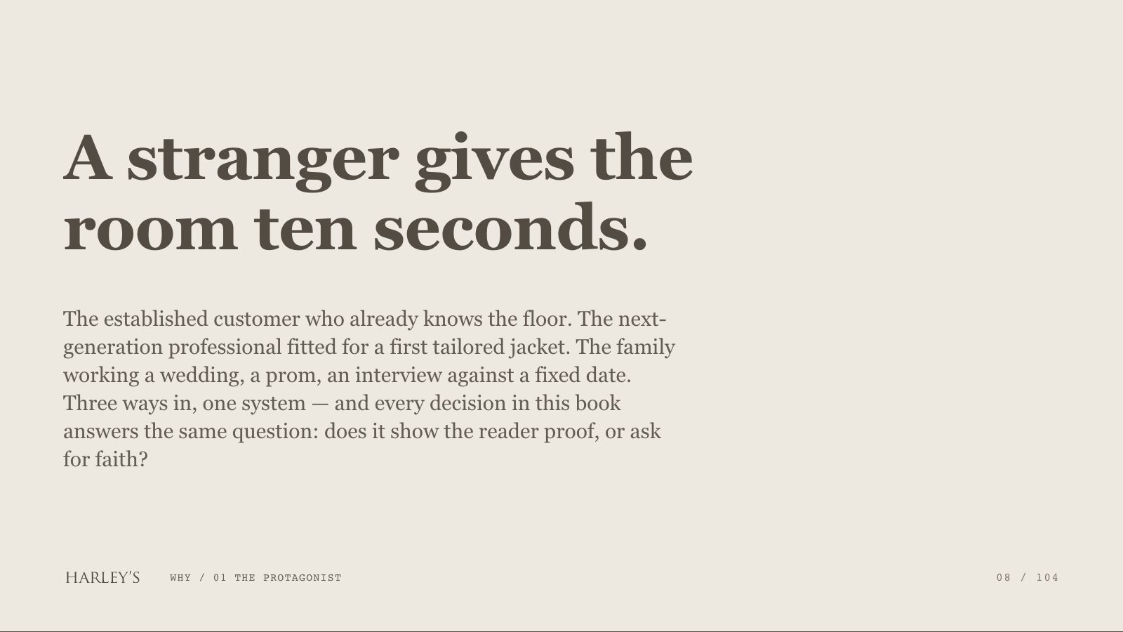 Harley’s brand book slide 9 of 106: A stranger gives the room ten seconds.