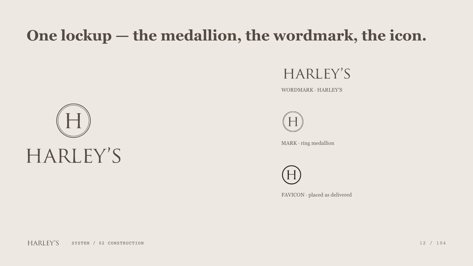 Harley’s brand book slide 13 of 106: One lockup — the medallion, the wordmark, the icon.