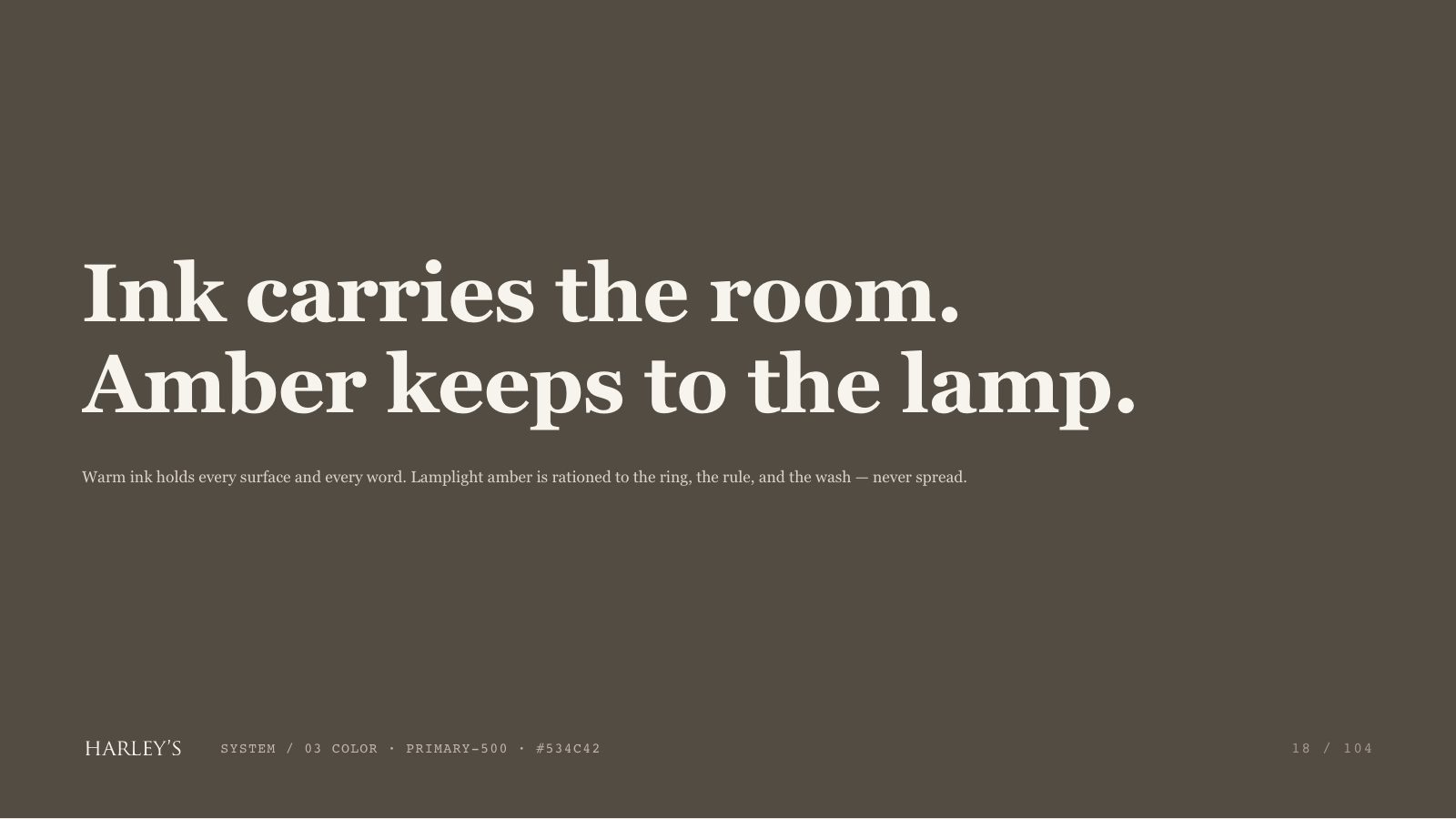 Harley’s brand book slide 19 of 106: Ink carries the room. Amber keeps to the lamp.