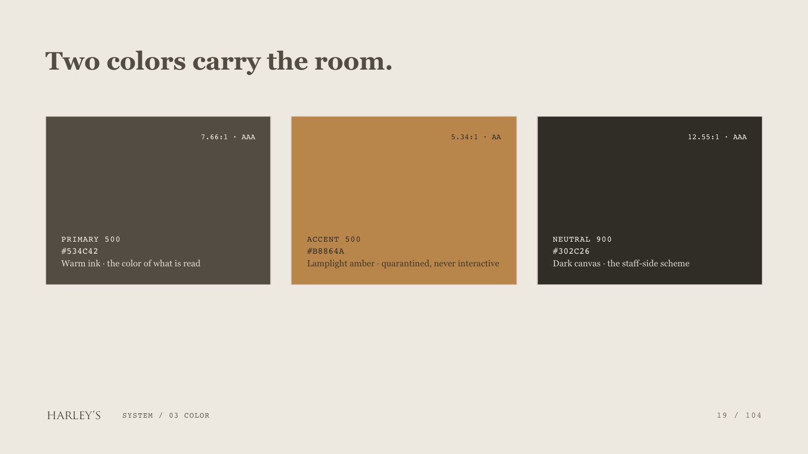 Harley’s brand book slide 20 of 106: Two colors carry the room.