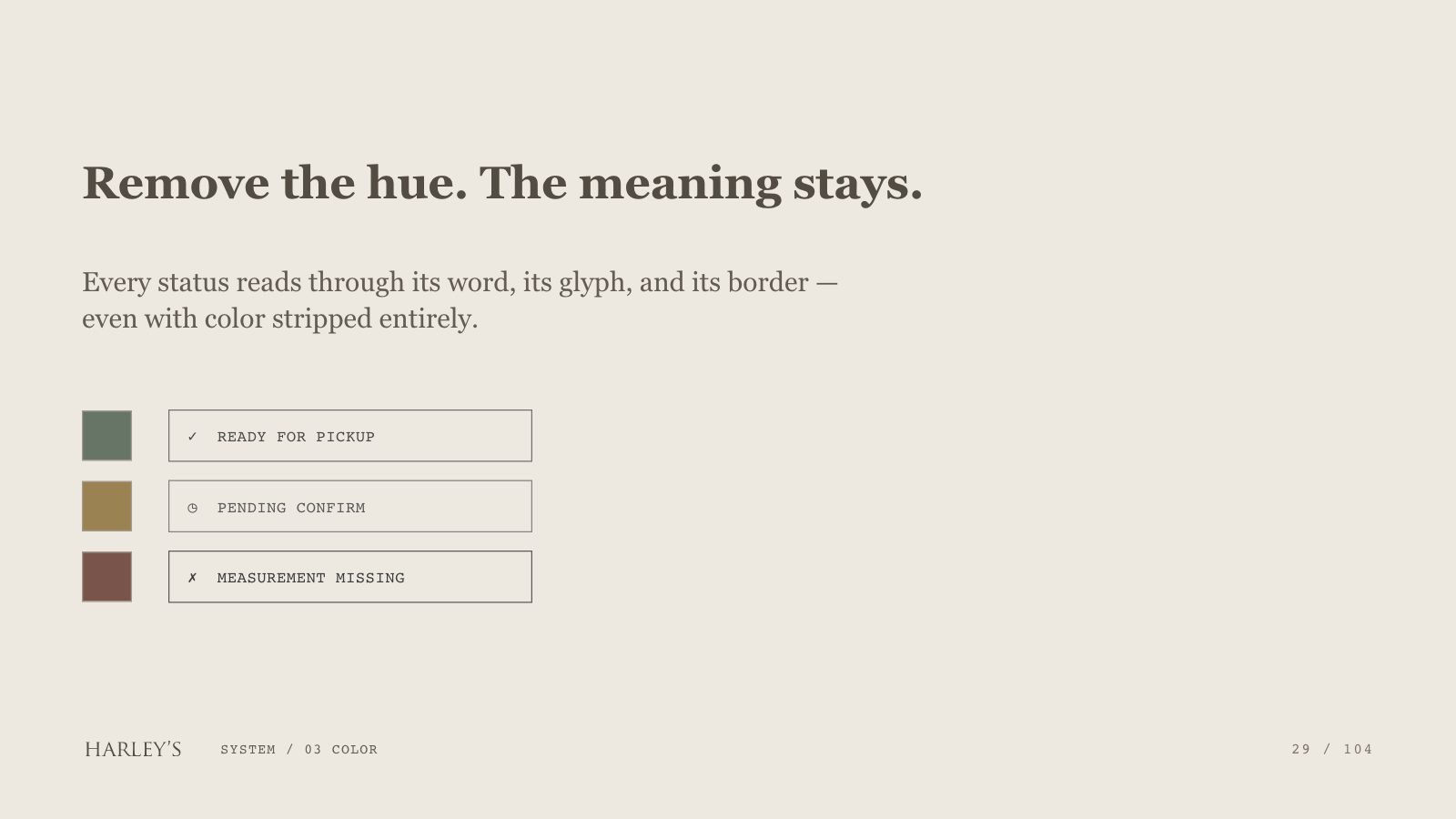 Harley’s brand book slide 30 of 106: Remove the hue. The meaning stays.