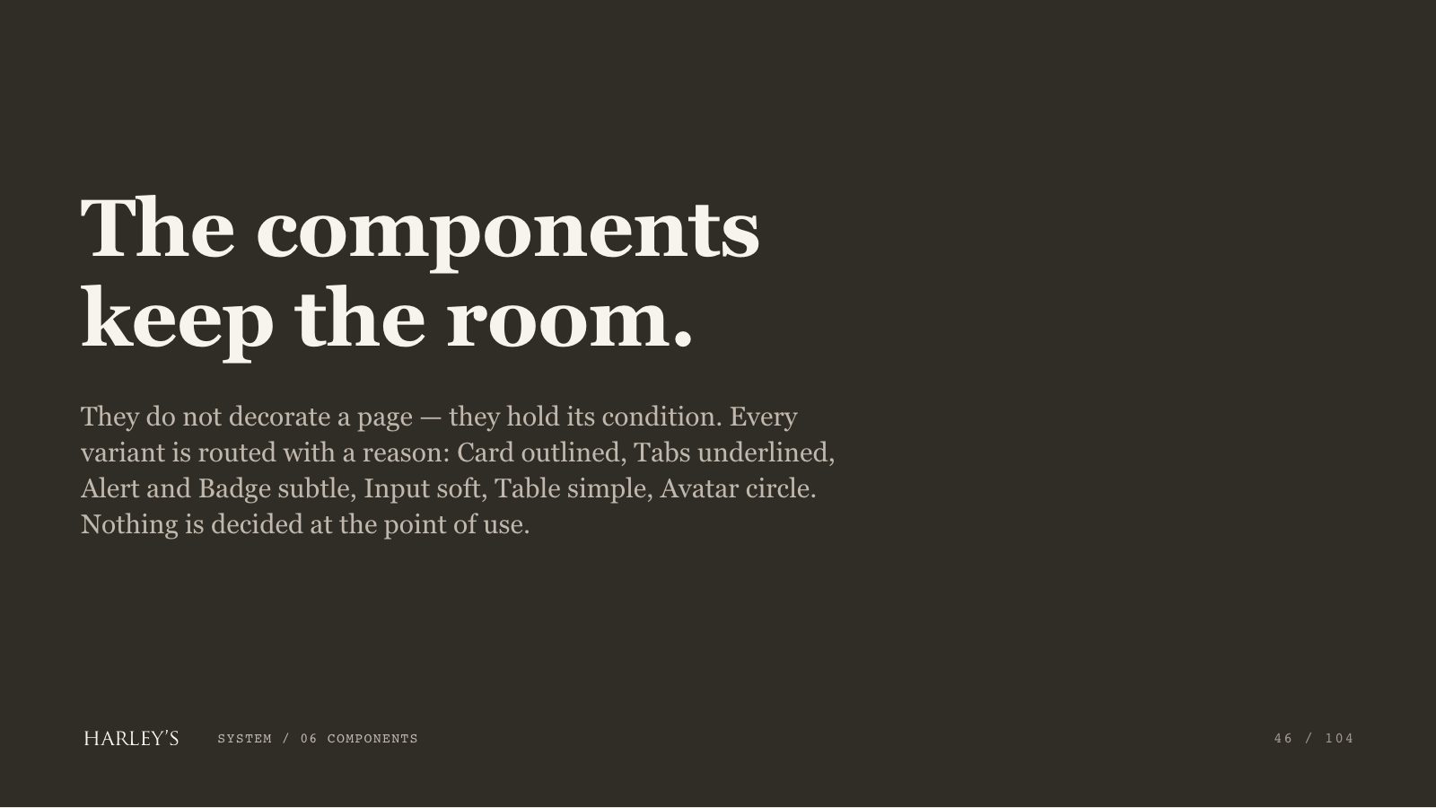 Harley’s brand book slide 47 of 106: The components keep the room.