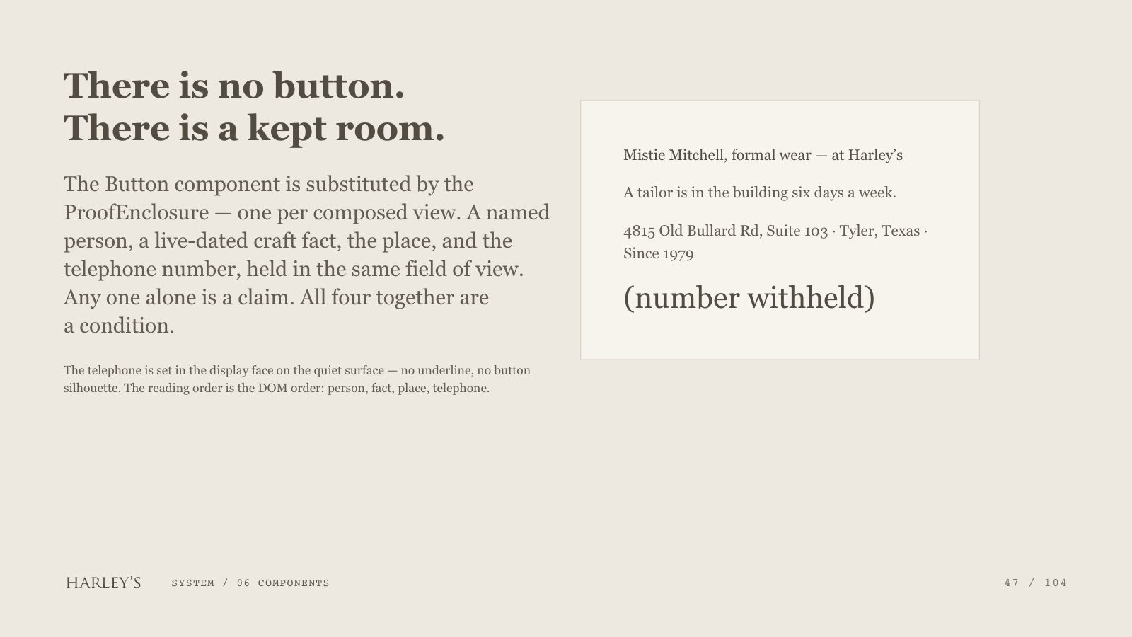 Harley’s brand book slide 48 of 106: There is no button. There is a kept room.