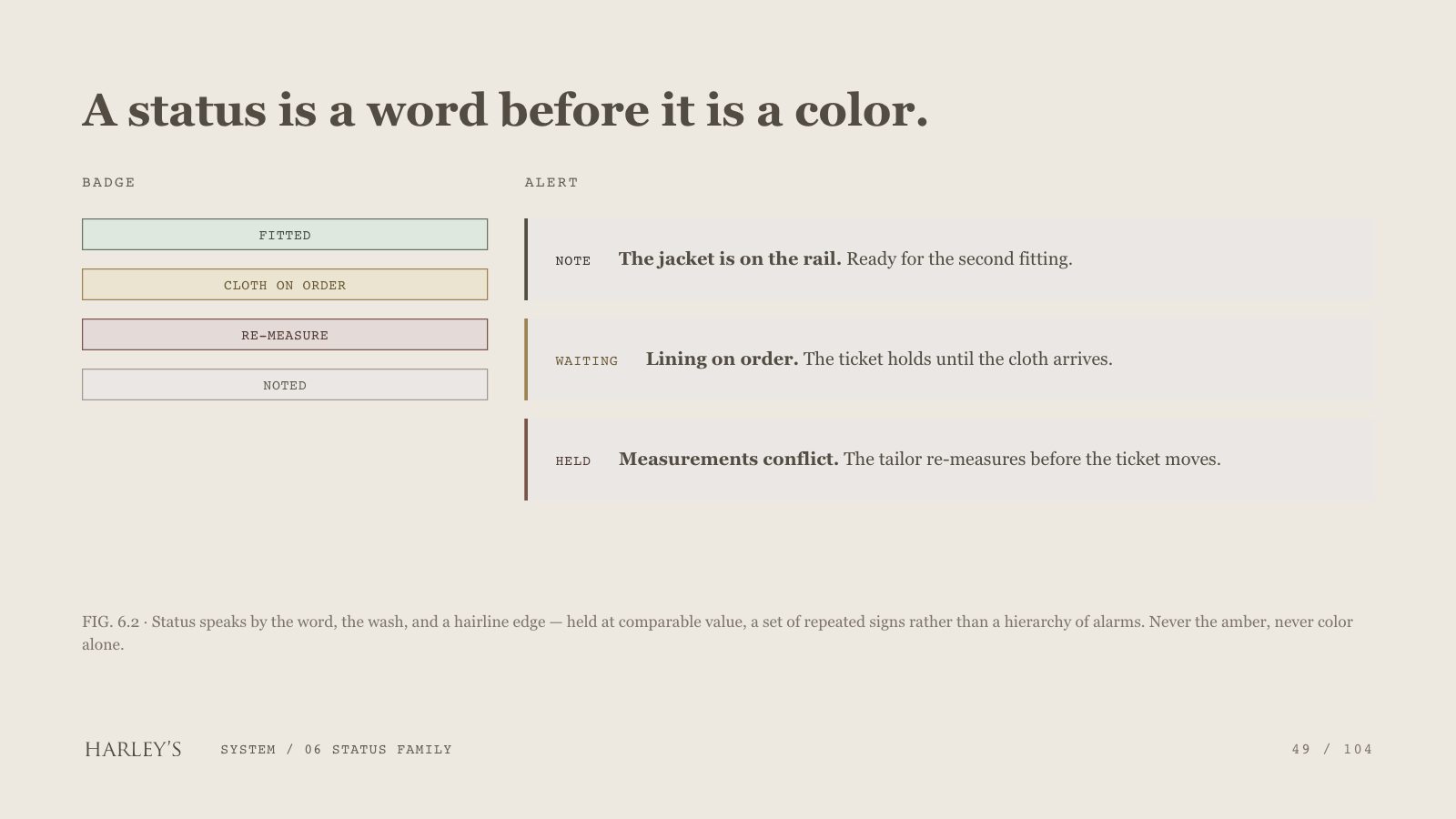 Harley’s brand book slide 50 of 106: A status is a word before it is a color.