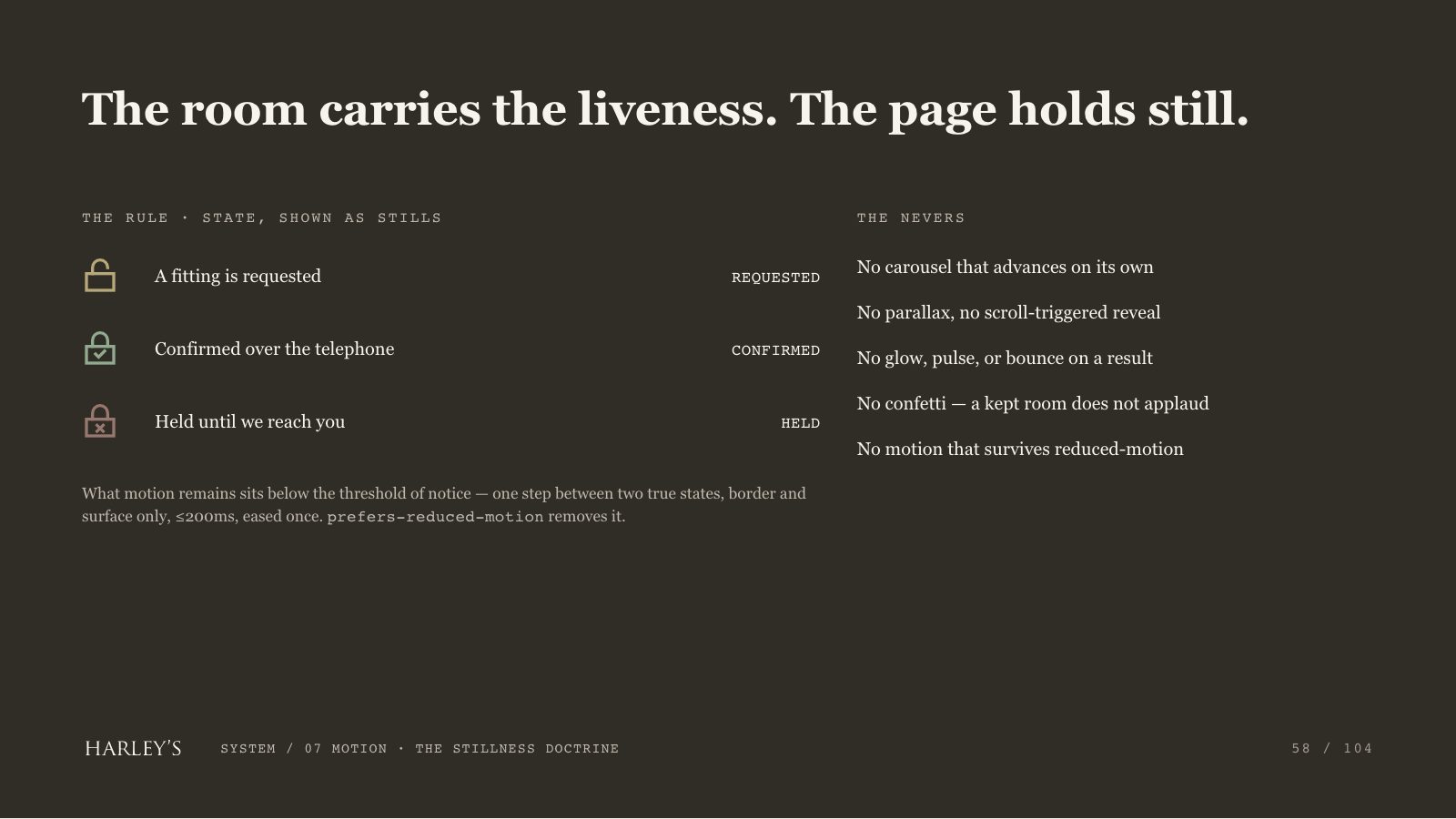 Harley’s brand book slide 59 of 106: The room carries the liveness. The page holds still.