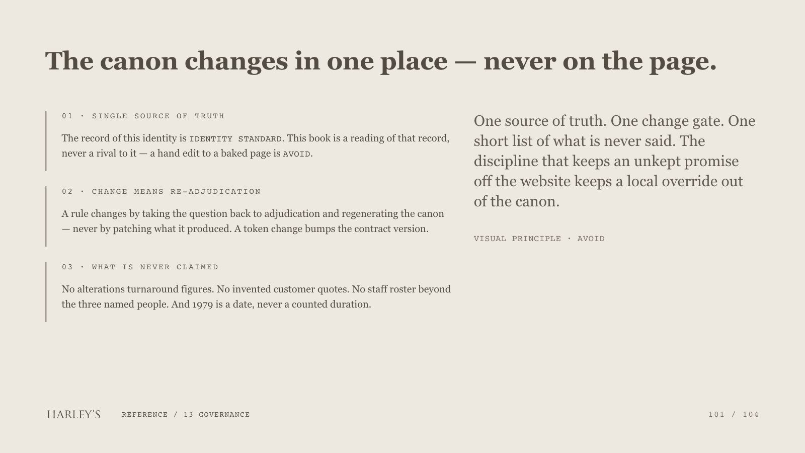 Harley’s brand book slide 102 of 106: The canon changes in one place — never on the page.