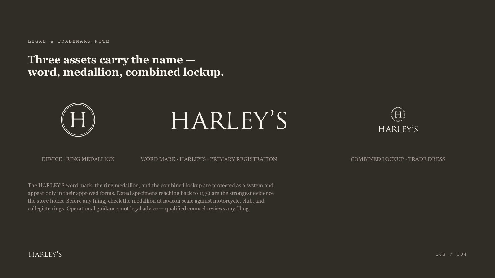 Harley’s brand book slide 104 of 106: Three assets carry the name — word, medallion, combined lockup.