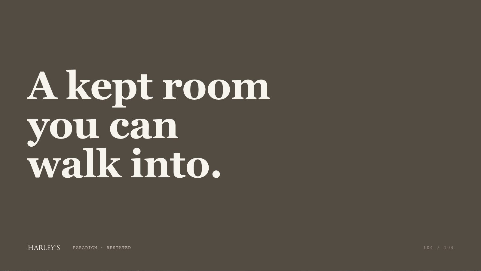 Harley’s brand book slide 105 of 106: A kept room you can walk into.