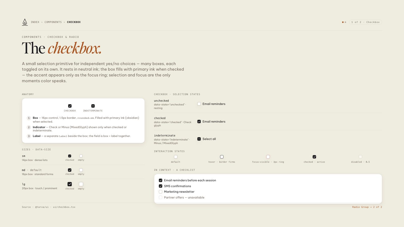 Lumos brand book slide: Checkbox · 1 of 2