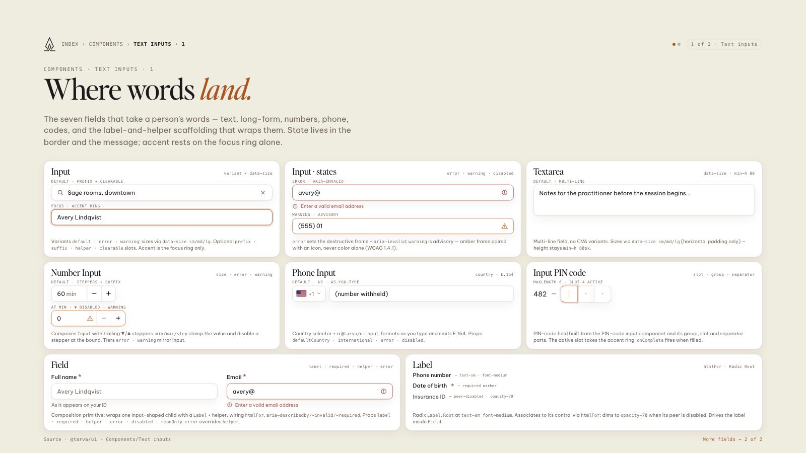 Lumos brand book slide: Text inputs · 1