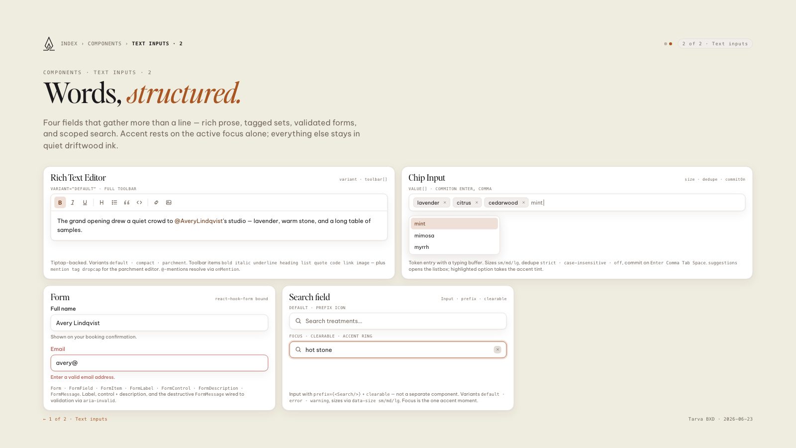 Lumos brand book slide: Text inputs · 2