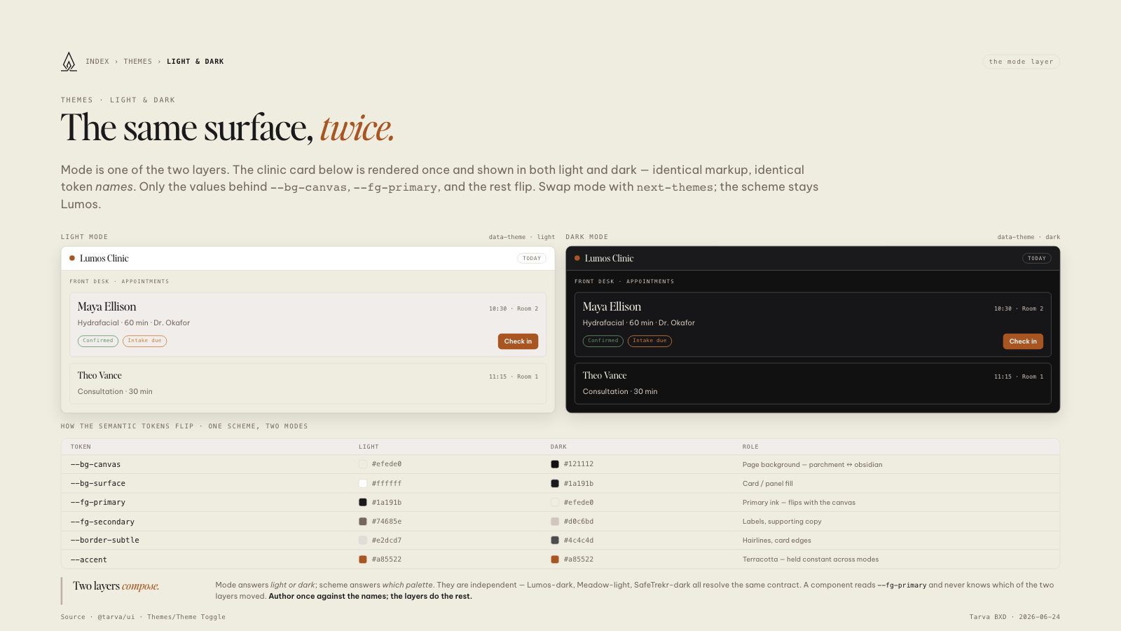 Lumos brand book slide: Themes · Light & Dark
