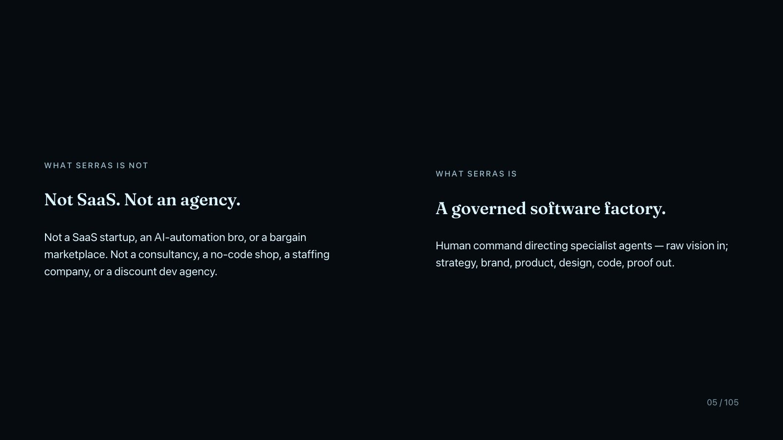 Serras brand book slide 6 of 107: Not SaaS. Not an agency.