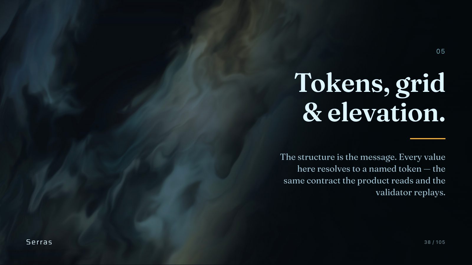 Serras brand book slide 39 of 107: Tokens, grid & elevation.