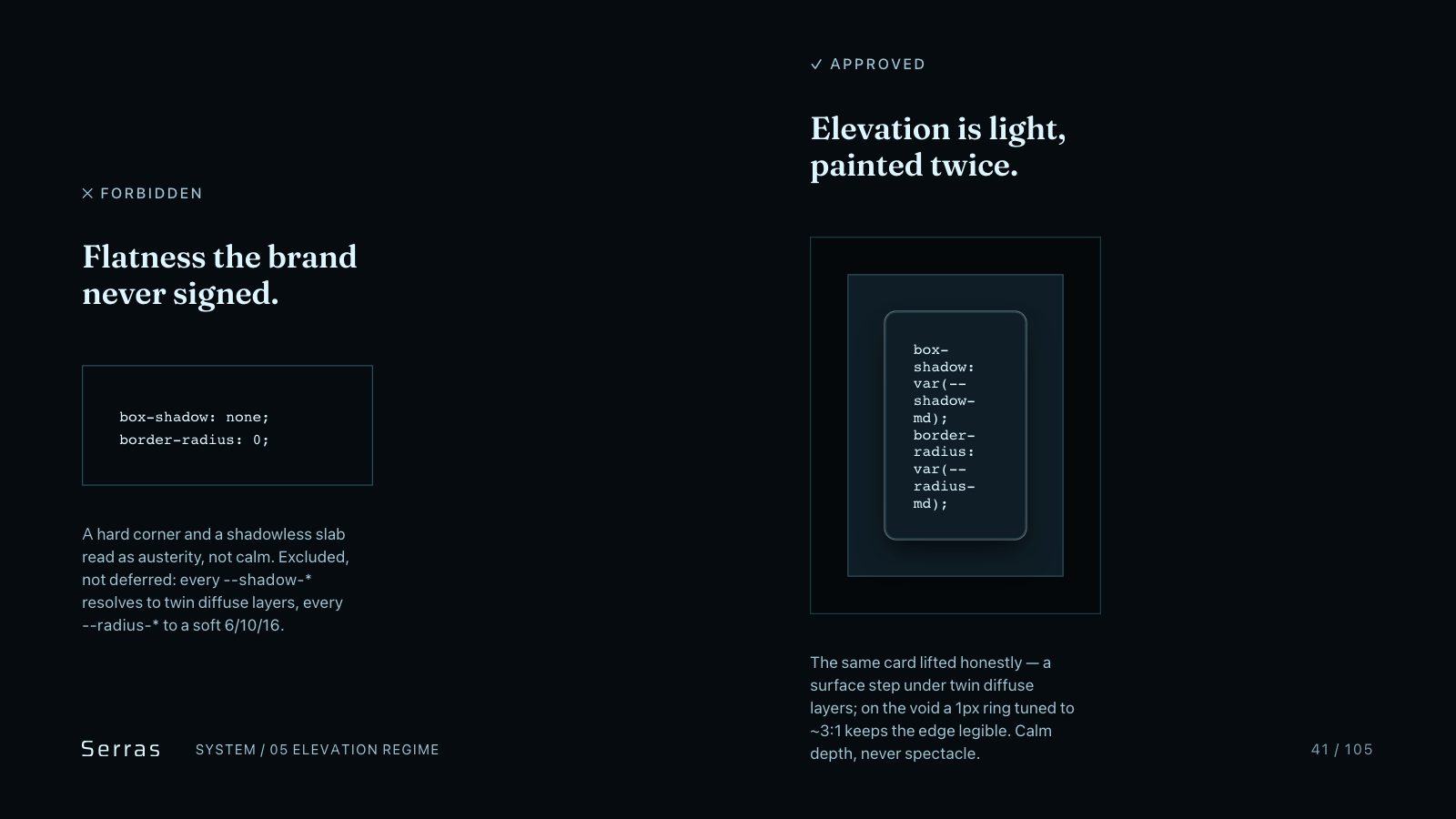 Serras brand book slide 42 of 107: Flatness the brand never signed.
