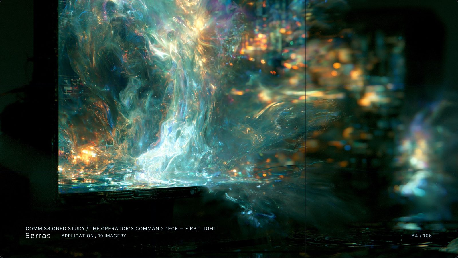 Serras brand book slide 85 of 107: Documentary imagery — the operator's command deck at first light