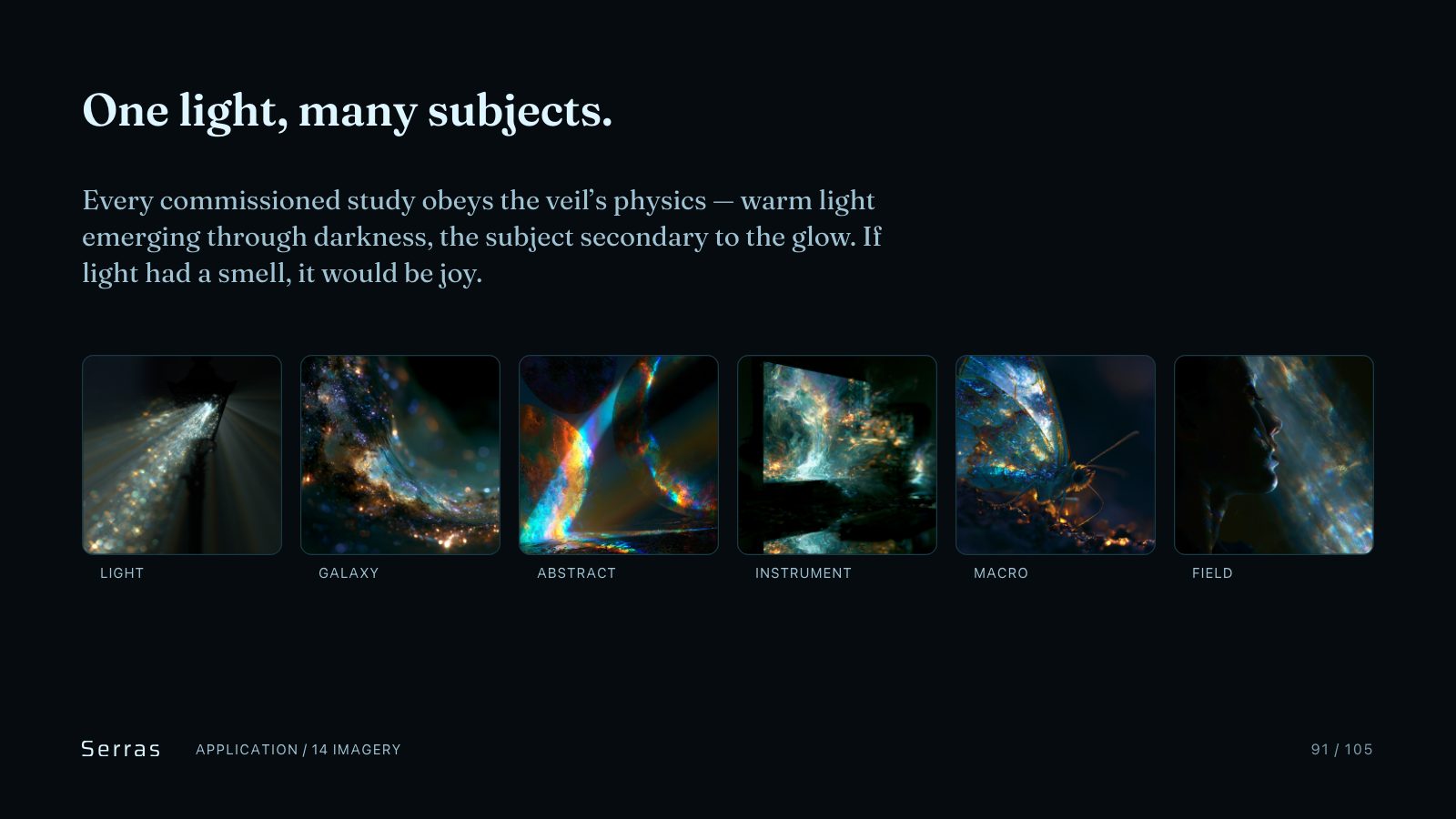 Serras brand book slide 92 of 107: One light, many subjects.