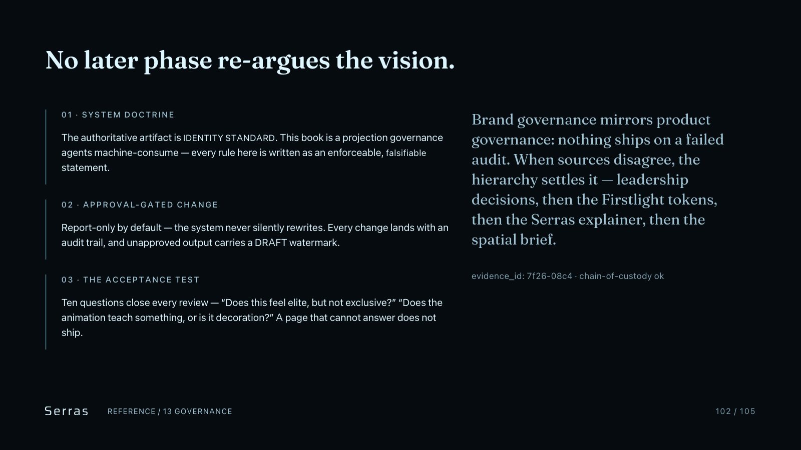 Serras brand book slide 103 of 107: No later phase re-argues the vision.