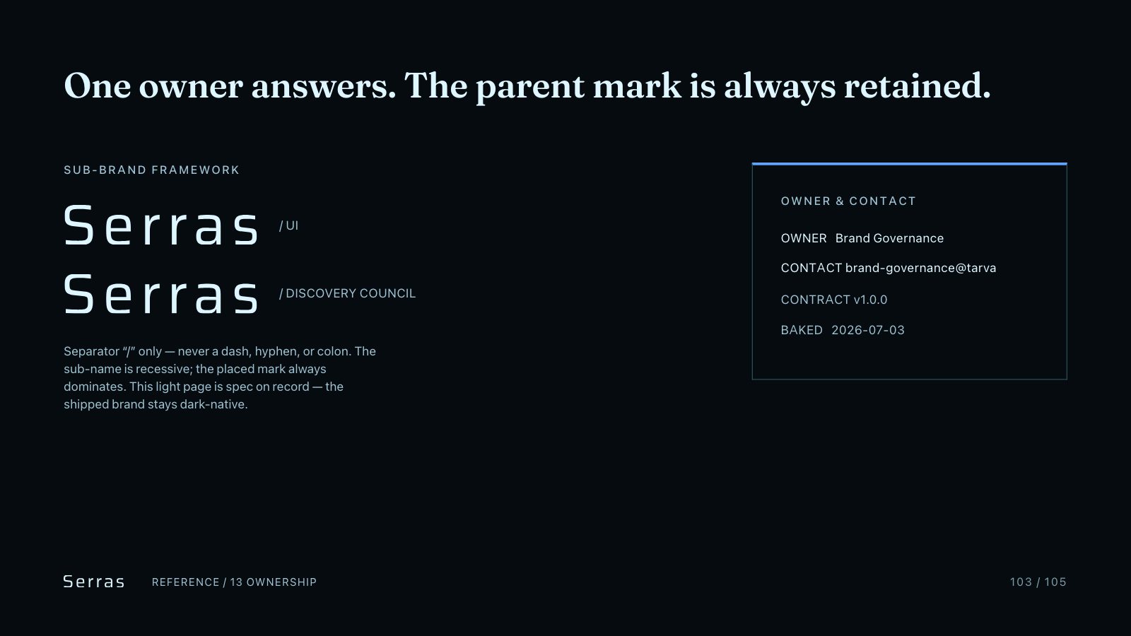 Serras brand book slide 104 of 107: One owner answers. The parent mark is always retained.