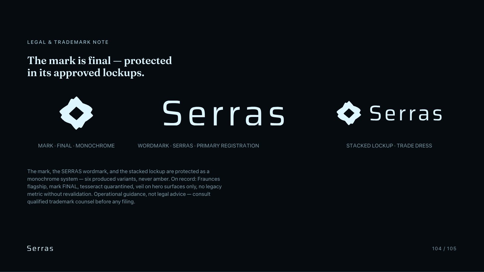 Serras brand book slide 105 of 107: The mark is final — protected in its approved lockups.