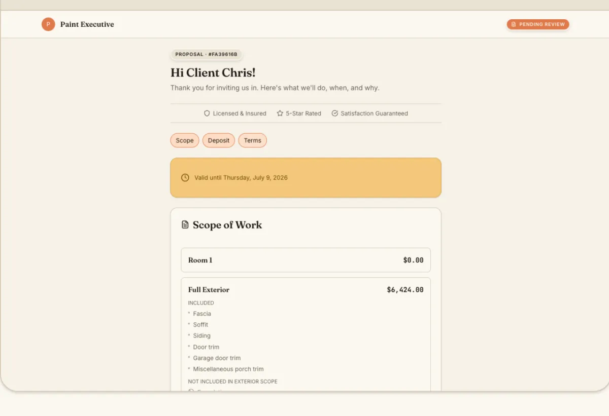 Customer portal: scope of work, deposit, and terms, with no account to create.